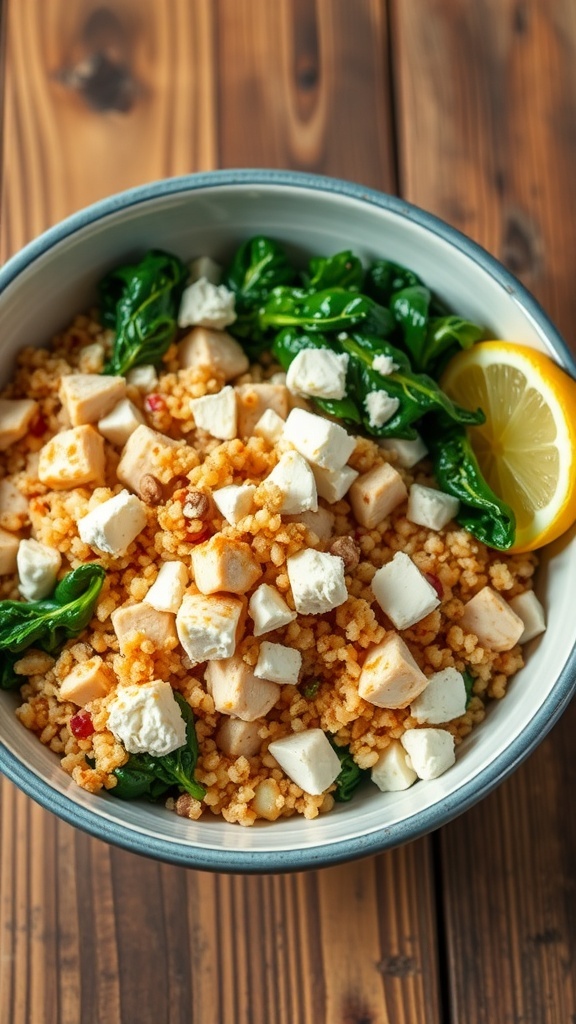 A healthy chicken quinoa kale bowl with feta cheese and nuts on a wooden table.